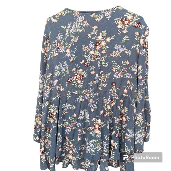 Torrid Blue and Pink Bell Sleeve Blouse with Tie Front - Picture 5 of 10